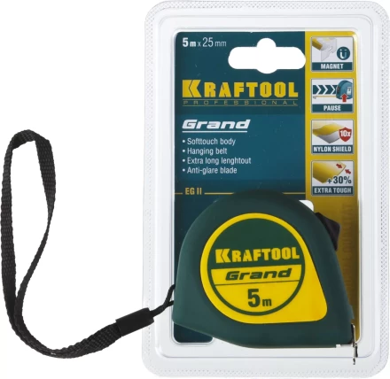 Рулетка KRAFTOOL GRAND, обрезиненный пластиковый корпус, 5м/25мм 34022-05-25 купить в Когалыме