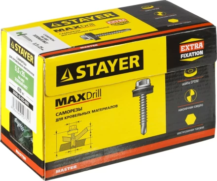 Саморезы СКМ кровельные, RAL 6002 зеленый лист, 25 x 5.5 мм, 420 шт, для металлических конструкций, STAYER 30305-55-025-6002 купить в Когалыме