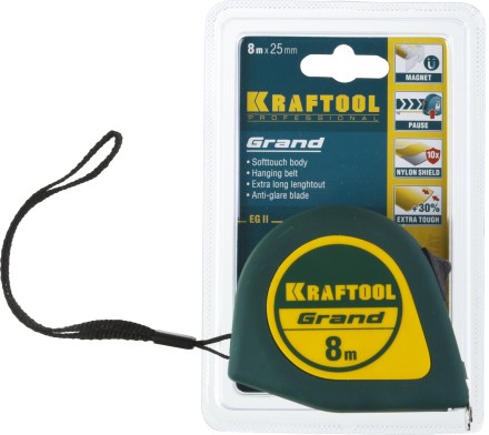 Рулетка KRAFTOOL GRAND, обрезиненный пластиковый корпус, 8м/25мм 34022-08-25 купить в Когалыме