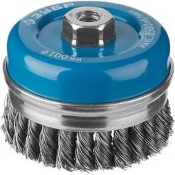 ЗУБР "ПРОФЕССИОНАЛ". Щетка чашечная усиленная для УШМ, плетеные пучки стальной проволоки 0,5мм, 100ммхМ14 3527-100_z02