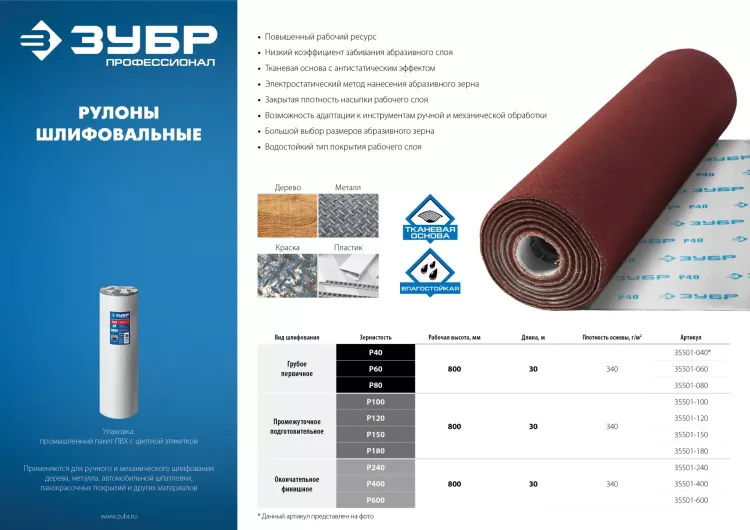 ЗУБР Р80, 800 мм, 30 м, водостойкий, шлифовальный рулон на тканевой основе, Профессионал (35501-080) купить в Когалыме