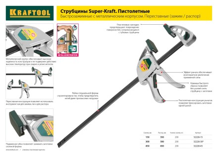 Струбцина, KRAFTOOL 32011-050-200, тип &quot;F&quot;, DIN 5117, двухкомпонентная ручка, 50х200мм 32011-050-200 купить в Когалыме