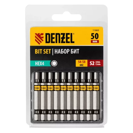 Бита HEX 4х50, сталь S2, шестигранный профиль, 10 шт. Е 6,3 Denzel 11662 купить в Когалыме