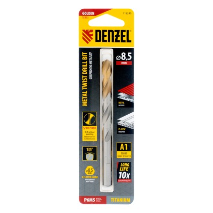 Сверло спиральное по металлу Denzel 8,5 x 117 мм, Р6М5, Golden Tip, 718240 купить в Когалыме
