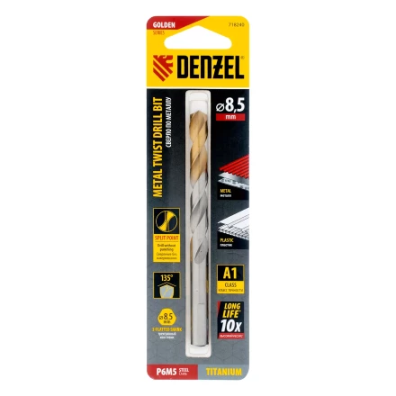 Сверло спиральное по металлу Denzel 8,5 x 117 мм, Р6М5, Golden Tip, 718240 купить в Когалыме