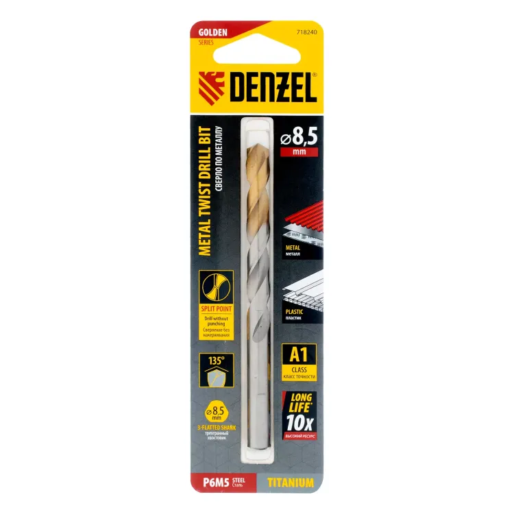 Сверло спиральное по металлу Denzel 8,5 x 117 мм, Р6М5, Golden Tip, 718240 купить в Когалыме