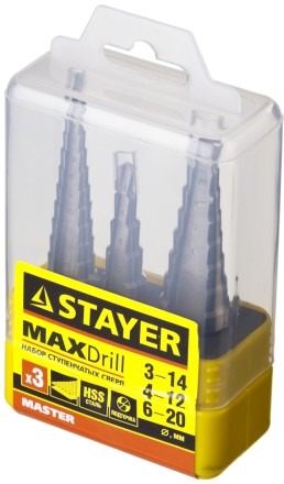 Набор STAYER &quot;MASTER&quot;: Ступенчатые сверла по сталям и цвет.мет., сталь HSS, d=3-14мм,12ступ. d 4-12 мм 5 ступ., d 6-20мм 8ступ. 29660-3-20-H3 купить в Когалыме
