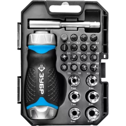 Набор ЗУБР "ПРОФЕССИОНАЛ": Отвертка реверсив с двухкомп рукоят, насадки, CrMo, рукоят с отсеком для хранения бит, 24 предмета 25353-H24 купить в Когалыме