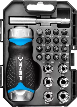 Набор ЗУБР "ПРОФЕССИОНАЛ": Отвертка реверсив с двухкомп рукоят, насадки, CrMo, рукоят с отсеком для хранения бит, 24 предмета 25353-H24 купить в Когалыме