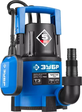 Насос ЗУБР "ПРОФЕССИОНАЛ" Т3 погружной дренажный для чистой воды (d пропускаемых частиц до 5мм), 750Вт, пропускная способность 210л/мин, напор 8,5м НПЧ-Т3-750 купить в Когалыме