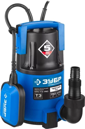 Насос ЗУБР "ПРОФЕССИОНАЛ" Т3 погружной дренажный для чистой воды (d пропускаемых частиц до 5мм), 750Вт, пропускная способность 210л/мин, напор 8,5м НПЧ-Т3-750 купить в Когалыме
