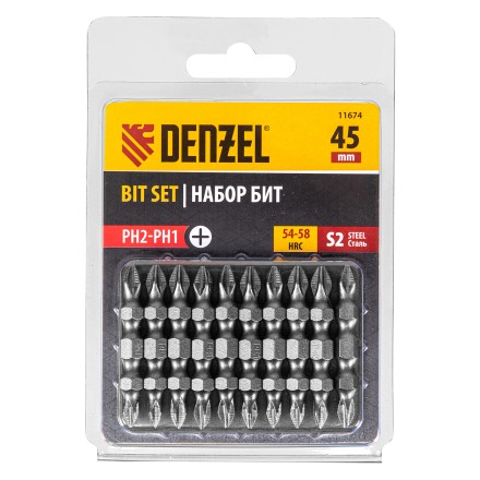 Бита двухсторонняя, PH2-PH1 х 45 мм, сталь S2, 10 шт. Denzel 11674 купить в Когалыме