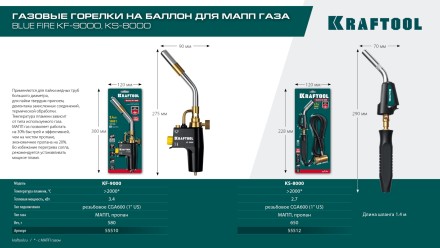 Blue Fire  KF-9000  горелка для МАПП / MAPP газа,  с пъезоподжигом,  на баллон c резьбовым соединением US 1, 2000°C 55510 купить в Когалыме