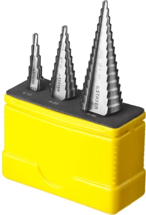 Набор STAYER "MASTER": Ступенчатые сверла по сталям и цвет.мет., сталь HSS, d=4-12мм,5 ступ. d 4-20 мм 9 ступ., d 4-30мм 14ступ. 29660-4-30-H3 купить в Когалыме