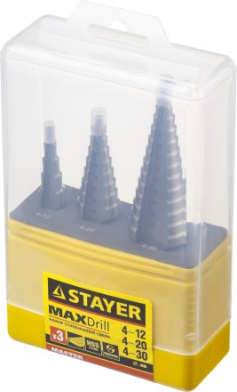 Набор STAYER &quot;MASTER&quot;: Ступенчатые сверла по сталям и цвет.мет., сталь HSS, d=4-12мм,5 ступ. d 4-20 мм 9 ступ., d 4-30мм 14ступ. 29660-4-30-H3 купить в Когалыме