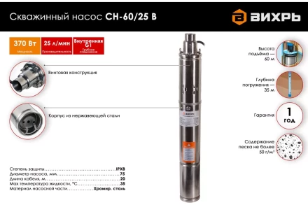 Скважинный насос Вихрь СН-60/25 В 68/3/14 купить в Когалыме