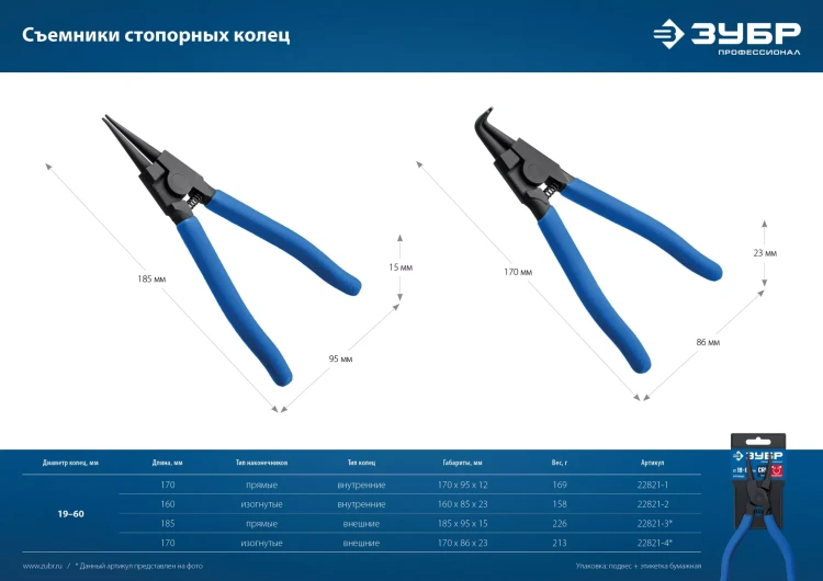 ЗУБР 180 мм, прямые губки, внешний съемник стопорных колец, Профессионал (22821-3) купить в Когалыме