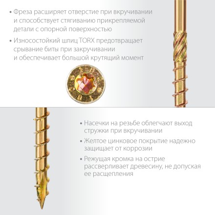 ЗУБР КС-П, 80 х 4.5 мм, TX25, потайная головка, желтый цинк, 100 шт, конструкционный саморез, Профессионал (30041-45-080) купить в Когалыме
