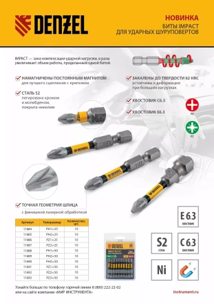 Бита IMPACT, PZ2x50 мм, лазерная обработка шлица, сталь S2, 10 шт., Е 6,3 Denzel 11692 купить в Когалыме