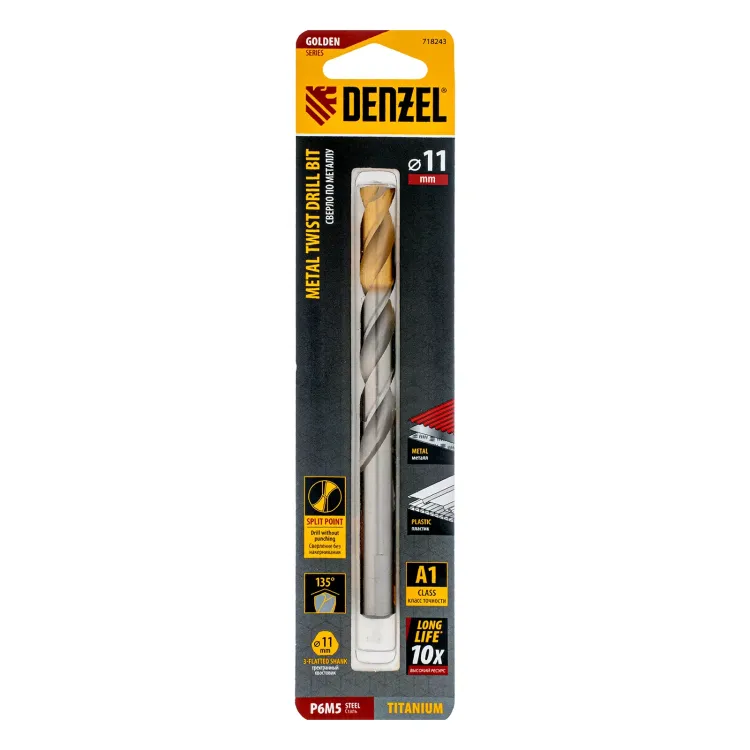 Сверло спиральное по металлу Denzel, 11 x 142 мм, Р6М5, Golden Tip, 718243 купить в Когалыме