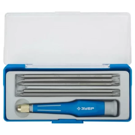 Набор ЗУБР Отвертка "ЭКСПЕРТ" для точных работ, двухкомп рукоятка, CR-V, сменные двустор стержни 120мм, 5шт, 6предм 25627-H6 купить в Когалыме