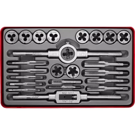 Набор ЗУБР "ЭКСПЕРТ" с металлореж. инструментом, метчики однопроходные и плашки М5-М12, оснастка-в метал. боксе, 24пред. 28116-H24 купить в Когалыме