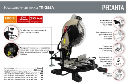 Торцовочная пила Ресанта ТП-255Л 75/18/3 купить в Когалыме
