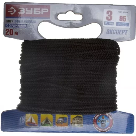 Шнур ЗУБР полиамидный, плетеный, повышенной нагрузки, с сердечником, черный, d 3, 20м 50311-03-020 купить в Когалыме