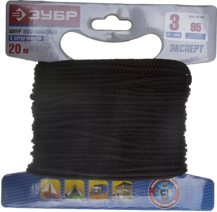 Шнур ЗУБР полиамидный, плетеный, повышенной нагрузки, с сердечником, черный, d 3, 20м 50311-03-020 купить в Когалыме