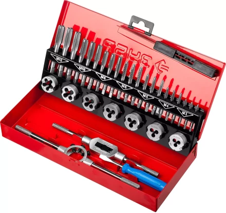 Набор ЗУБР "ЭКСПЕРТ" с метал.реж. инстр., метчики комплект. из 3-х штук и плашки М3-М12, оснастка-в метал.боксе, 32пред. 28129-H32 купить в Когалыме