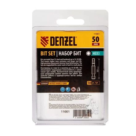 Бита HEX 3х50, сталь S2, шестигранный профиль, 10 шт. Е 6,3 Denzel 11661 купить в Когалыме