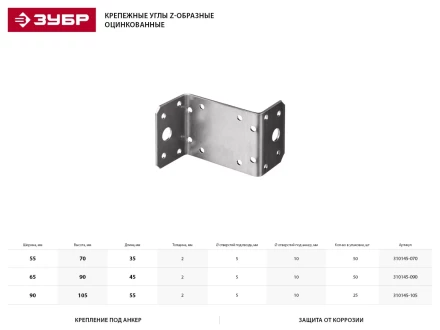 Крепежный угол ЗУБР "МАСТЕР" Z-образный, 65х90х45мм, 50шт 310145-090 купить в Когалыме