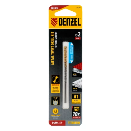 Сверло спиральное по металлу Denzel  2 х 86 мм Р6М5, Golden Tip, удлиненное, 2шт., 718245 купить в Когалыме