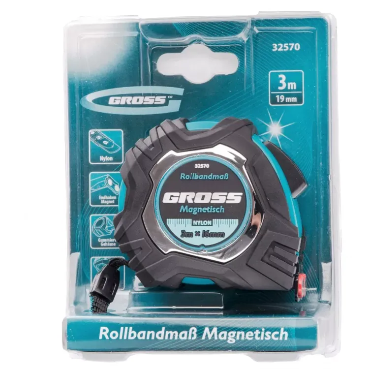 Рулетка Magnetisch 3 м х 16 мм обрезиненный корпус автоматическая фиксация Нейлоновое покрытиеытие зацеп с магнитом Gross 32570 купить в Когалыме