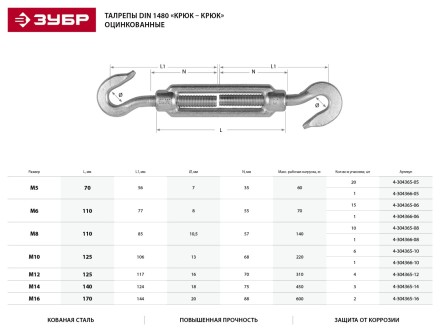 Талреп ЗУБР &quot;ПРОФЕССИОНАЛ&quot; DIN 1480, крюк-крюк, оцинкованный, кованая натяжная муфта, М12, 4 шт 4-304365-12 купить в Когалыме