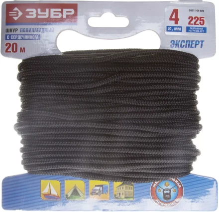 Шнур ЗУБР полиамидный, плетеный, повышенной нагрузки, с сердечником, черный, d 4, 20м 50311-04-020 купить в Когалыме