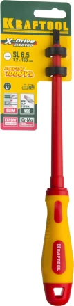 Отвертка KRAFTOOL, высоковольтная, Cr-Mo-V стержень, двухкомпонент. маслобензостойкая рукоятка, SL, 6,5х150мм 250083-6.5-150 купить в Когалыме