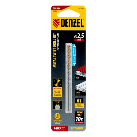 Сверло спиральное по металлу 2,5 х 95 мм Р6М5, Golden Tip, удлиненное, 2шт. Denzel 718246 купить в Когалыме