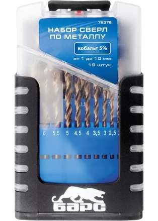 Набор сверл по металлу 1-10 мм через 0,5 мм 19 шт Р6М5 вышлифованный цилиндрический хвостовик БАРС 72374 купить в Когалыме
