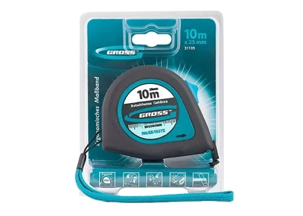 Рулетка "Ergonomisch",10 м x 25 мм, магнитный обрезиненный зацеп  GROSS 31105 купить в Когалыме