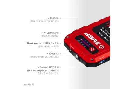 ЗУБР АПУ-400, 12 В, макс. 400 А, аккумуляторное пусковое устройство (59322) купить в Когалыме