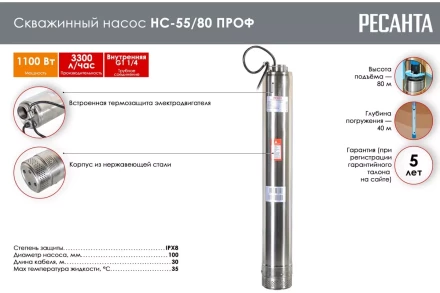 Скважинный насос Ресанта НС-55/80 ПРОФ 77/3/2 купить в Когалыме
