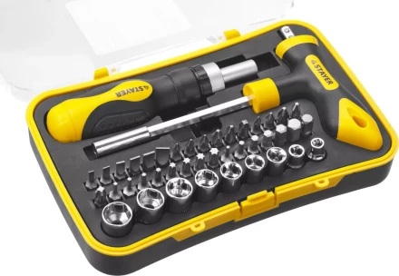 Набор STAYER "MASTER" "HERCULES": Отвертка реверсивная, Т-образная отвертка-битодержатель, адаптер для торц голов, 43 предм 25084-H43 купить в Когалыме