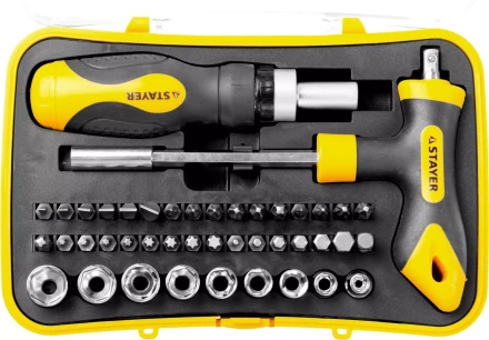 Набор STAYER "MASTER" "HERCULES": Отвертка реверсивная, Т-образная отвертка-битодержатель, адаптер для торц голов, 43 предм 25084-H43 купить в Когалыме