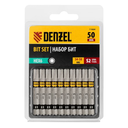 Бита HEX 6х50, сталь S2, шестигранный профиль, 10 шт. Е 6,3 Denzel 11664 купить в Когалыме