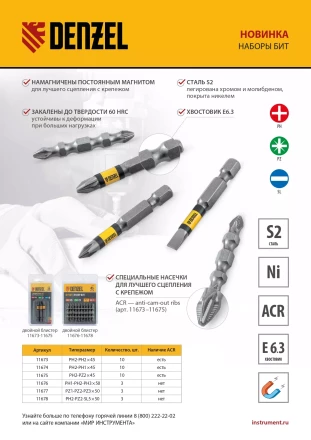 Набор бит комбинированный 3 шт., PH2, PZ2, SL5, 50 мм, сталь S2 Denzel 11678 купить в Когалыме