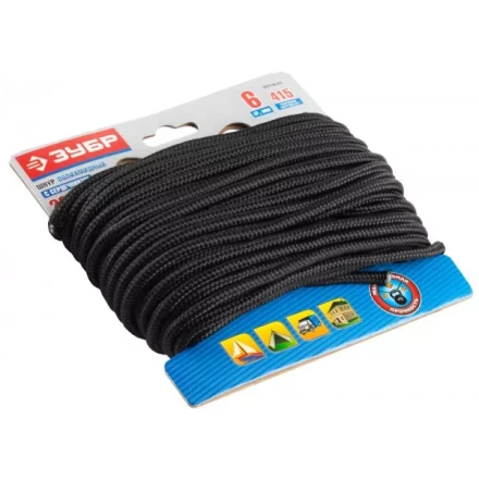 Шнур ЗУБР полиамидный, плетеный, повышенной нагрузки, с сердечником, черный, d 6, 20м 50311-06-020 купить в Когалыме