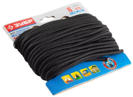 Шнур ЗУБР полиамидный, плетеный, повышенной нагрузки, с сердечником, черный, d 6, 20м 50311-06-020 купить в Когалыме