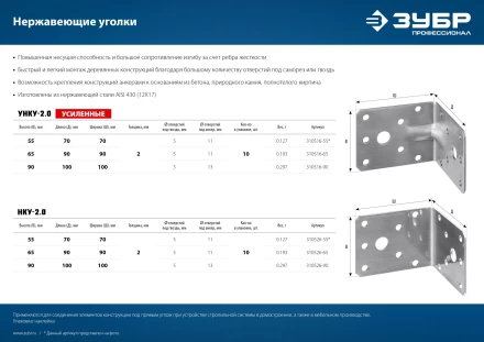 ЗУБР УНКУ-2.0, 65 x 90 x 90 x 2 мм, усиленный нержавеющий крепежный уголок, Профессионал (310516-65) купить в Когалыме