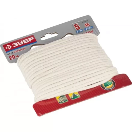 Шнур ЗУБР хлопковый плетеный, натуральный, без сердечника, d=5, 20 м, 45 кгс, 9,5 ктекс 50350-05-020 купить в Когалыме